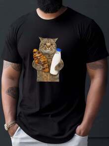 T-Shirt With Milk, Bread And Cute Cat Print, Men's T-Shirts, Casual Short Sleeve T-Shirt For Summer - màu đen - Xem 2