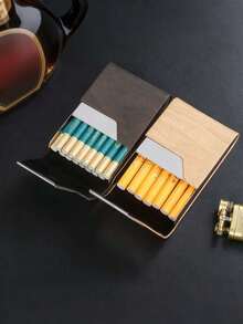 定制超薄翻盖木纹磁吸式香烟盒，便携式香烟盒，抗压防潮，男士吸烟者礼物，送给男友/父亲的礼物，实用金属香烟盒，可定制刻字，定制圣诞礼物，定制礼物 - 彩色 - 查看 3