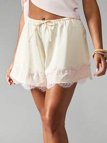 Women Drawstring Shorts Casual Loose Fit Stylish Solid Lace Trim Mid Rise Shorts - 白色 - 查看 2