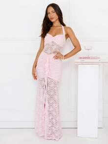 Vestido de encaje elegante y sexy con corbata al cuello, vestido de fiesta, vestido de novia de encaje - Rosa - Ver 6