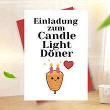 1 张创意烛光晚餐邀请卡，印有德语短语“烛光晚餐”和一个微笑的土豆卡通形象 - 非常适合浪漫约会之夜、美食主题派对，并附有德语短语示例。尺寸：12x17厘米/4.72x6.7英寸。 - 彩色 - 查看 10