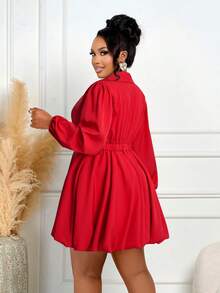 BIUBIU Elegant Plus Size Red Long Sleeve Short Dress With Button Detail And Ruffle Hem, A-Line Design - Red - View 2