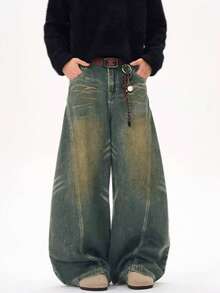 1件装 Justice Brother 做旧直筒牛仔裤，饰有弯刀和胡须图案，休闲宽松版型，男士街头服饰裤