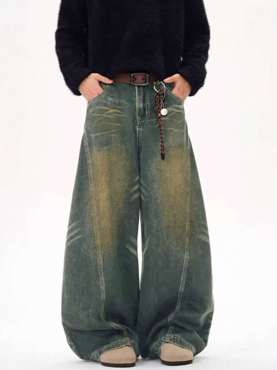 1件装 Justice Brother 做旧直筒牛仔裤，饰有弯刀和胡须图案，休闲宽松版型，男士街头服饰裤