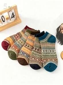 5双装条纹袜，复古保暖中筒袜，女士长袜，秋冬款