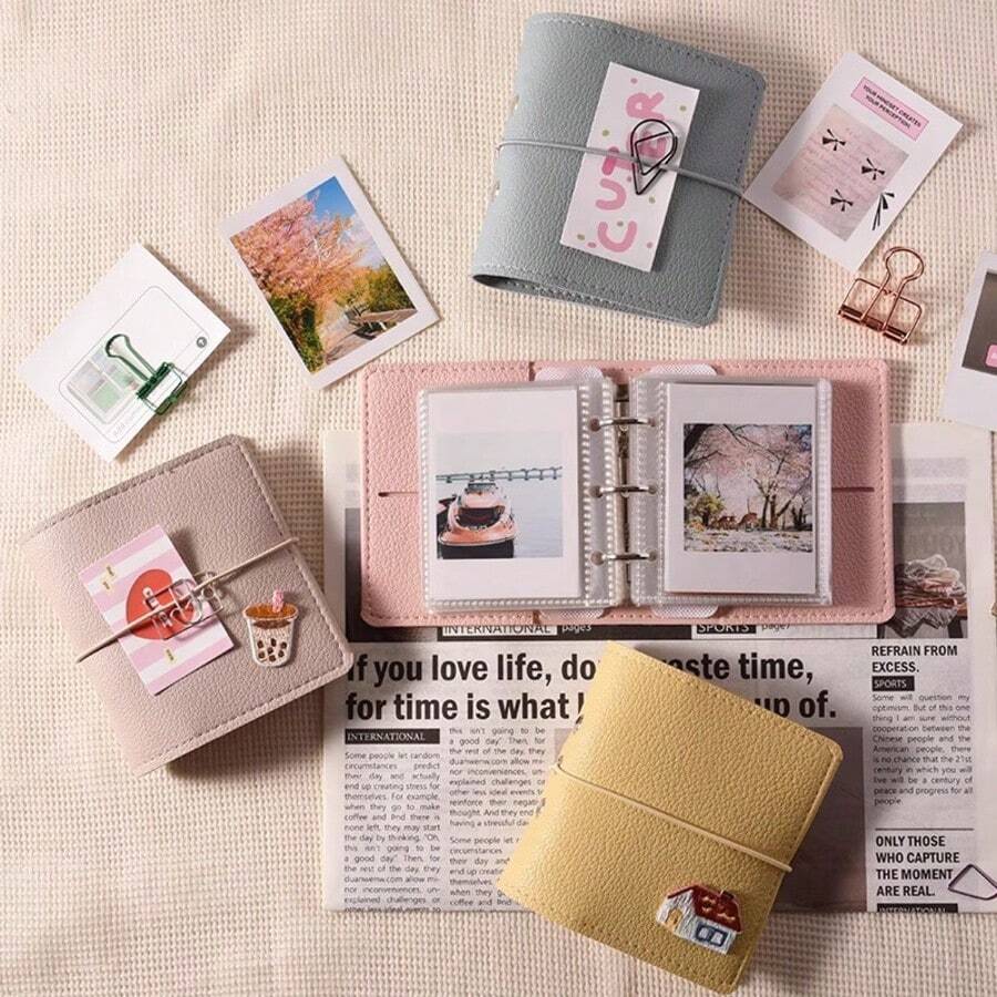 Mini Instant Camera Soft Leather Pocket Photo Album, 25 Sheets 50 Pages Refillable Mini Album With 3-Ring Transparent Photo Card Loose-Leaf Holder, Idol/Star Fan Card, Couple Photo, Portable Collection Book, Card Album, 3-Inch Photo High-Quality Loose-Leaf Photo Album
