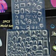 2件套美甲模具，宝石、钻石、心形、天鹅、蝴蝶造型3D美甲饰品DIY透明硅胶模具 - 無色 - 查看 12