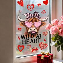 1/4 Stücke Valentinstag Fensteraufkleber, süße Hochlandrinder mit Herz-Sonnenbrille und Teddybär mit Rosen, wiederverwendbare Aufkleber für Bauernhaus, Büro Dekoration, romantische Feiertags Glasdekoration.