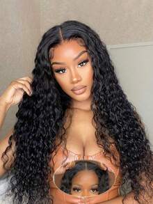 Deep Wave 5x5 Glueless Lace Wigs Human Hair Wig Pre Plucked Transparent Lace Wig Nature Color For Women 150% Density Virgin Hair - Black - View 4
