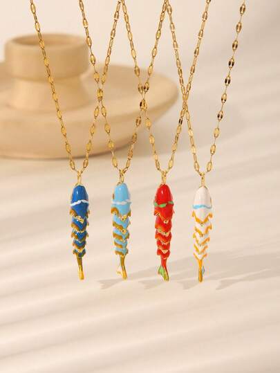  1 件时尚彩色油滴幸运鱼吊坠项链，卡通项链，充满活力的春天色彩，海洋生物夏季海滩风格珠宝，不锈钢金色不褪色防水女士珠宝，日常、节日、约会配饰或礼物