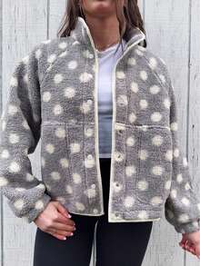 Womens Fall Winter Fleece Jacket Dot Pattern Long Sleeve Lapel Button Down Sherpa Coat - Gris - Ver 1