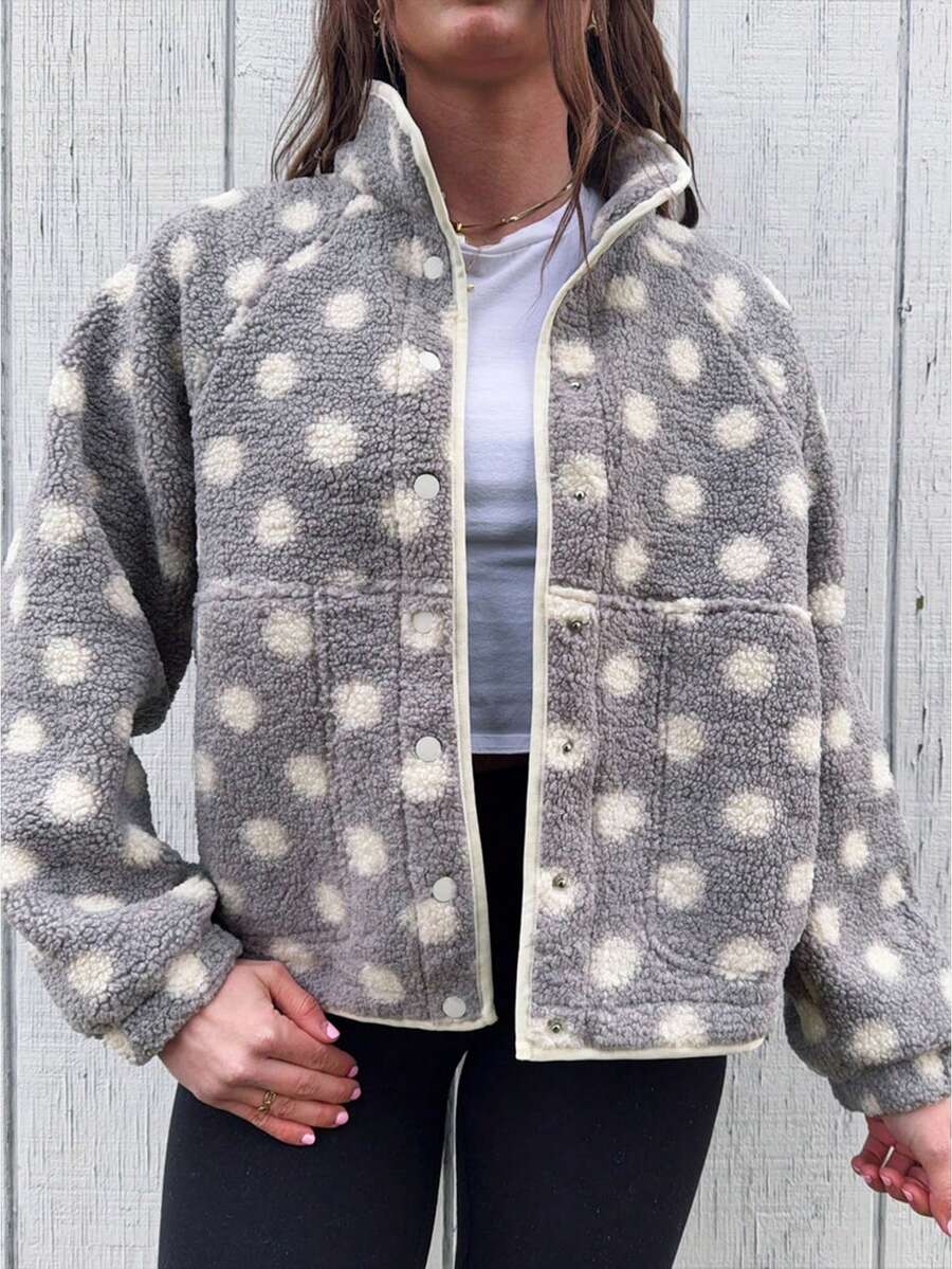 Womens Fall Winter Fleece Jacket Dot Pattern Long Sleeve Lapel Button Down Sherpa Coat - Gris - Ver 1