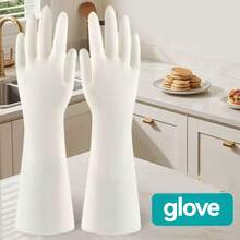 1 Pair Extra Long & Thick Durable Waterproof, Oil-Resistant Multi-Purpose Cleaning Gloves For Household, Car, Painting, Kitchen, Bathroom Use. Prevent Soiling, Reusable, Easy To Hang Dry - White - View 9