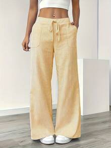 Women's Loose-Fit Outdoor Striped Wide-Leg Pants - Multi-Color, Pink & White Stripe & More, Drawstring Waist, Fall/Winter Bottoms | Cozy Home & Leisure Wear | Minimalist Stylish Athletic Trousers, Suitable For Teens To Adults - 黃色 - 查看 2