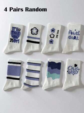1/4/8 Pairs Random Blue & White Autumn/Winter Mid-Calf Socks, Soft & Comfortable Women Socks, Minimalist Casual Style