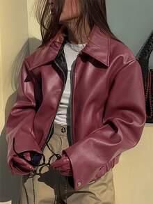 This Black Leather Jacket = 90s Cool Girl Vibes (Effortless & Edgy)   Spring Outfits For Women    Tops For Women       Business Casual Woman   Summer Promotion - 紅色 - 查看 1