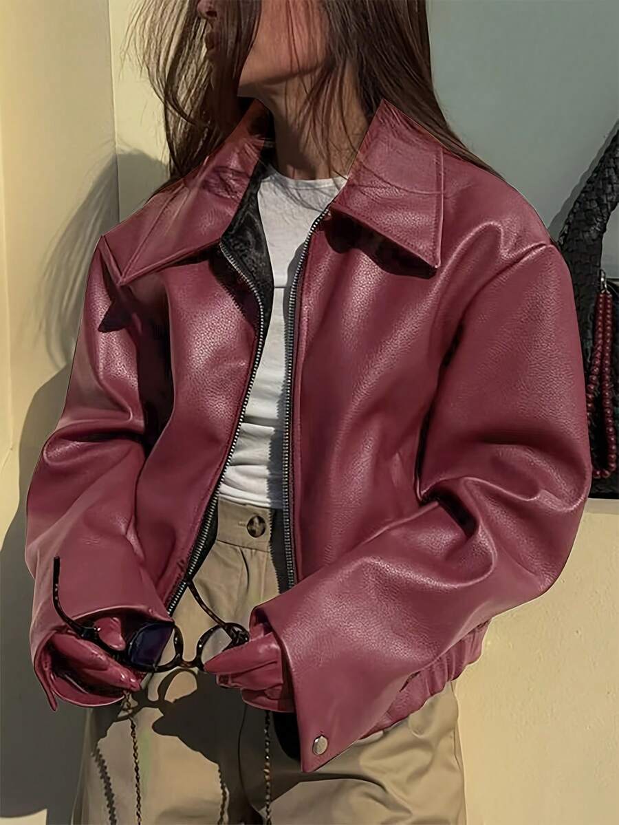 This Black Leather Jacket = 90s Cool Girl Vibes (Effortless & Edgy) Spring Outfits For Women Tops For Women Business Casual Woman Summer Promotion - 紅色 - 查看 1
