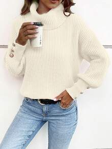 Women's Loose High Neck Sweater, Casual & Formal Ribbed Knit Button Up Long Sleeve Pullover - Apricot - View 8