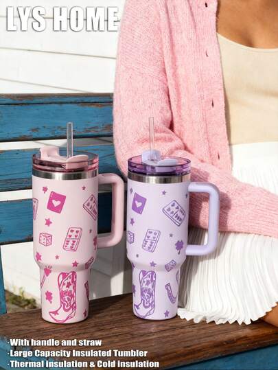 1pc Magic Playing Card Themed 40oz-14oz Large Capacity Handled Tumbler, Insulated Cup, Travel Mug, Stainless Steel Vacuum Insulated Cup, Suitable For Travel, School, Office, Outdoor, Gym, Home, Holiday Gift, Birthday Gift, Valentine's Day Gift, Graduation Gift (Includes Straw, 6 Hours Hot, 12 Hours Cold)