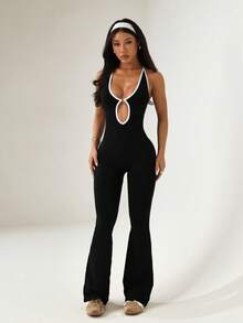 Women's Seamless Contrast Color Knot Detail Sports Jumpsuit - Black - View 4