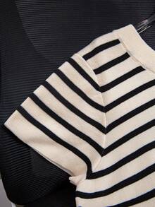 Top de vară cu guler rotund, dungi, culori contrastante, casual, pulover tricotat, mânecă scurtă - Caisă - Vizualizare 5