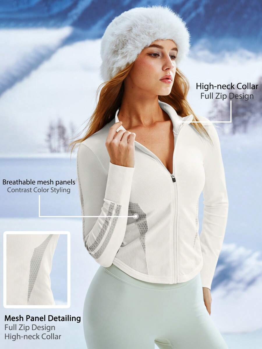Leorrey 1pc Women Zipper Stand Collar Ribbed Splice Slim Fit Ski Long Sleeve Snow Suit White Winter Sports - White - View 1