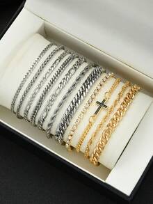 6pcs/7pcs Minimalist Stainless Steel Chain Bracelet Set For Men, Fashionable For Commute, Casual Daily Wear - Style 1 - View 4