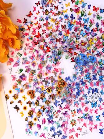 12 Sheets Glossy Butterfly Nail Art Stickers Decals, 3D Self-Adhesive, Spring Summer Floral Flower, Single Use, Flat, Unscented, Paper, For DIY Colorful Butterflies Nails Manicure Decor