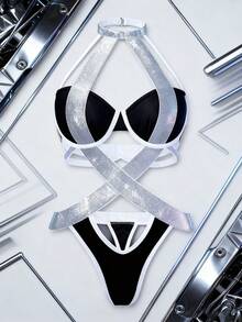 Contrasting Women's Sexy Lingerie Adjustable Halter Strap Attachment 3/4 Cup Type Bodysuit Silver Elastic Waistband Front Hollowed-Out Briefs-Type Comfort Jumpsuits - Black - View 9