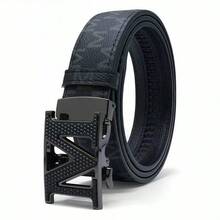 1pc 2025 Autumn/Winter New Lightweight Business Belt, M Letter Alloy Automatic Buckle Leather Belt, High-Quality Letter Belt, Business & Casual Waist Belt, Fashion Versatile Pants Belt, Minimalist Men's Leather Belt - Black - View 5