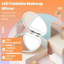 Double Sides Touch Travel Led 3 Colors Mini Foldable Cosmetic Charge Makeup Mirror With Light 2X Magnifying Compact Handheld Lipstick - Hồng - Xem 5
