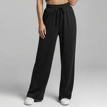 Comfortable Women's Wide-Leg Sweatpants, Soft, Structured Fit, Casual, Basic, Plain, With A Faux Drawstring. - Black - View 3