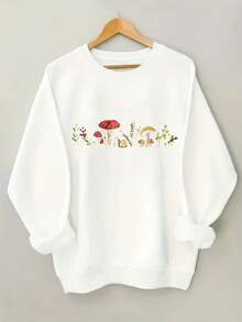 Women's Plus Size Oversized Green Sweatshirt - White & Mushroom Print (Snails/Toads) Forest Pattern, Soft Crewneck Pullover Sweater, Dark Olive-Green Casual Long Sleeve Top, Machine Washable All-Season Comfort Fit - White - View 2