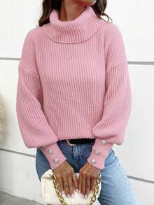 女士宽松高领毛衣，休闲正式罗纹针织纽扣长袖套头衫 - 淺粉色 - 查看 5