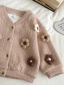 2pcs/Set Baby Girl Casual Cute Knitted 3D Floral Long Sleeve Top And Flare Pants Set, Spring/Autumn - Brown - View 11