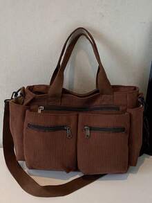 Fashionable Minimalist Large Capacity Multi-Pocket Shoulder Tote Bag, Crossbody Bag, Briefcase, Suitable For School, Work, Travel, Business Trip - Brown - View 5