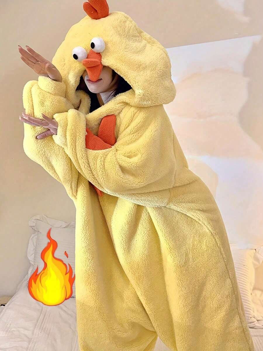 Winter Women's Chick One-Piece Hooded Velvet Bathrobe Pajamas Home Clothes, Warm Velvet Coral Fleece, Funny Cartoon Animal One-Piece Pajamas, Soft Polyester Fiber, Simple Pajamas, Comfortable To Wear, Breathable Fabric, Suitable For Winter, Warm, Halloween Gifts, Theme Parties, Pajama Parties - Yellow - View 1