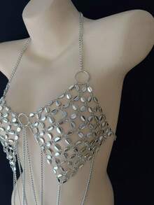 ZHENGHEN Silver Sequin Beaded Camisole Top, Multi-Layer Necklace For Holiday Party, Sexy Women Body Chain, Perfect Gift - Silver - View 6