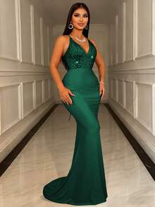 CHOSMO新款夏季亮片露背吊带红色婚纱，适合高中舞会，优雅奢华，高腰修身长款春季派对礼服 - 墨綠色 - 查看 4