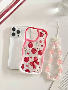 Cream Wavy Edge Glossy Heart Cherry Painting Shockproof Phone Case With Beaded Bracelet Accessory, Compatible With IPhone 17pro/17Air /17/17promax16/11/16pro/16plus/16promax/16e/15Promax/13/14/12/XS/XR/7G/8P, Galaxy, Redmi - Multicolor - View 4