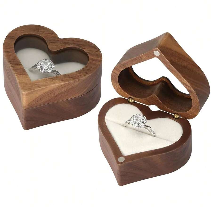 LETURE Wood Ring Display Box With Transparent Cover Single Slot 2 Slot, Heart Shaped Person.Alized Wooden Jewelry Box For Proposal Engagement Wedding Ceremony Anniversary (White - 1 Slot),White-1Slot - 白色-1槽 - 查看 1