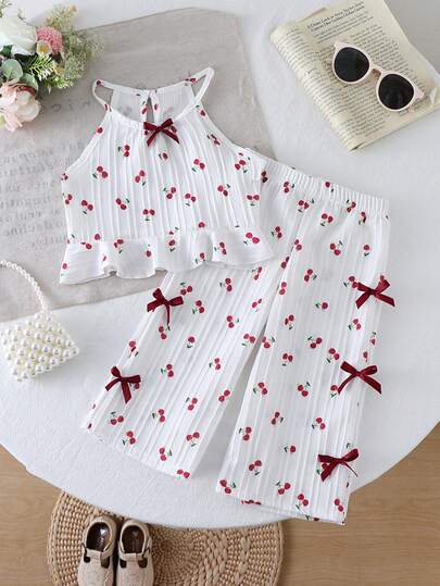 Set de 2 piezas: Chaleco de cuello halter con estampado de cerezas + Pantalones de pierna ancha con decoración de lazo para niñas, conjunto casual para uso diario en verano