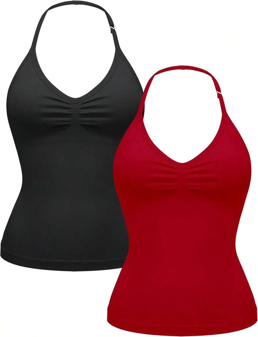VVX 2PCS Women's Basic Halter Neck Solid Impact Longline Strappy Top Yoga Sports Bra Removable Padding - Black/Red - View 1