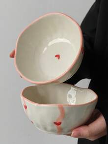 Cabin Kangaroo 1pc/2pcs/4pcs Set Asymmetrical Ceramic Bowl Set | 3D Heart Print Rustic Style Ceramic Bowl | Cute Pink Rim Snack/Salad Bowl, Suitable For Tabletop Decor And Daily Use - Multicolor - View 2