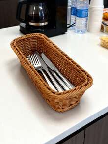 1pc Rectangular Rattan Cutlery Basket, Dual Color Options - Rattan Woven Utensil Storage Box For Kitchen Countertop And Drawers | Suitable For Tableware, Knives, Forks, Spoons Woven Storage Basket | Farmhouse Style Kitchen Organizer