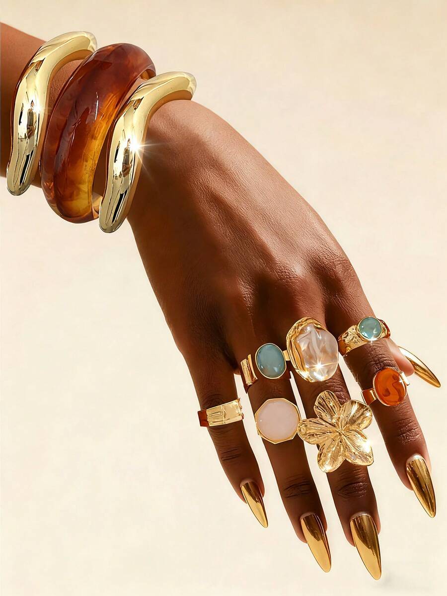 10pcs Vintage Bohemian Style Women's CCB Acrylic Open Bangle Set & Colorful Floral Pearl Metal Ring Set, Jewelry Suit For Daily, Party And Holiday Wear - Gold - View 1