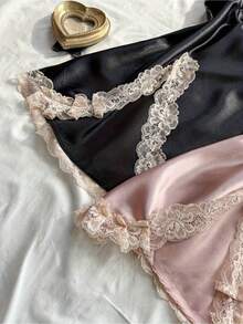 2pcs Black & Blush Pink Satin Chemise: Ruched V-Neck Strapless Sleepwear With Gathered Details, All-Season Luxe Women's Nightgown - Bột đen - Xem 3
