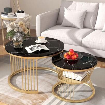 Gold Frame Round Nesting Tables Set Of 2 – Marble Pattern Top End Tables For Living Room/Bedroom