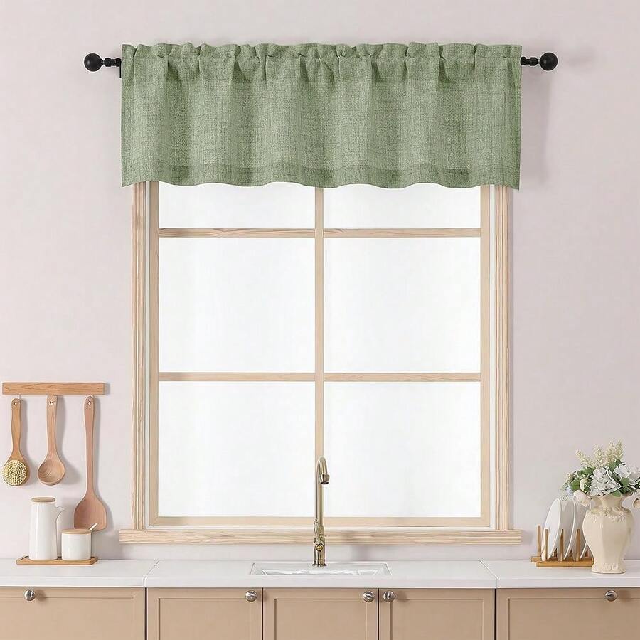 Chyhomenyc Green Valance For Windows, Light Filtering Faux Linen Slub Textured Small Kitchen Valance, Rod Pocket Top Window Short Curtain For Bathroom Basement Farmhouse, 60Wx14L Inch,60inchWx14inchL(Packof1),Green - Green - 查看 1