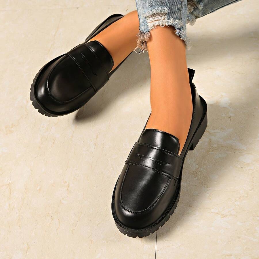 Giày lười đế dày, thoải mái, đa năng, không gây mỏi, phong cách Preppy School Office Home Casual Slip-On Loafers dành cho nữ